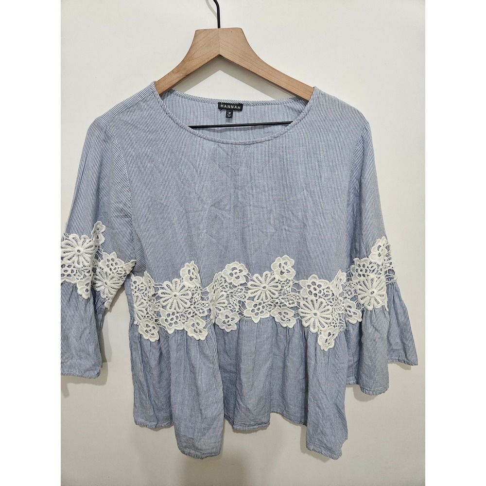 Hannah Blue‎ White Pinstripe Lace Crochet Peplum Blouse Bell Sleeve Medium
